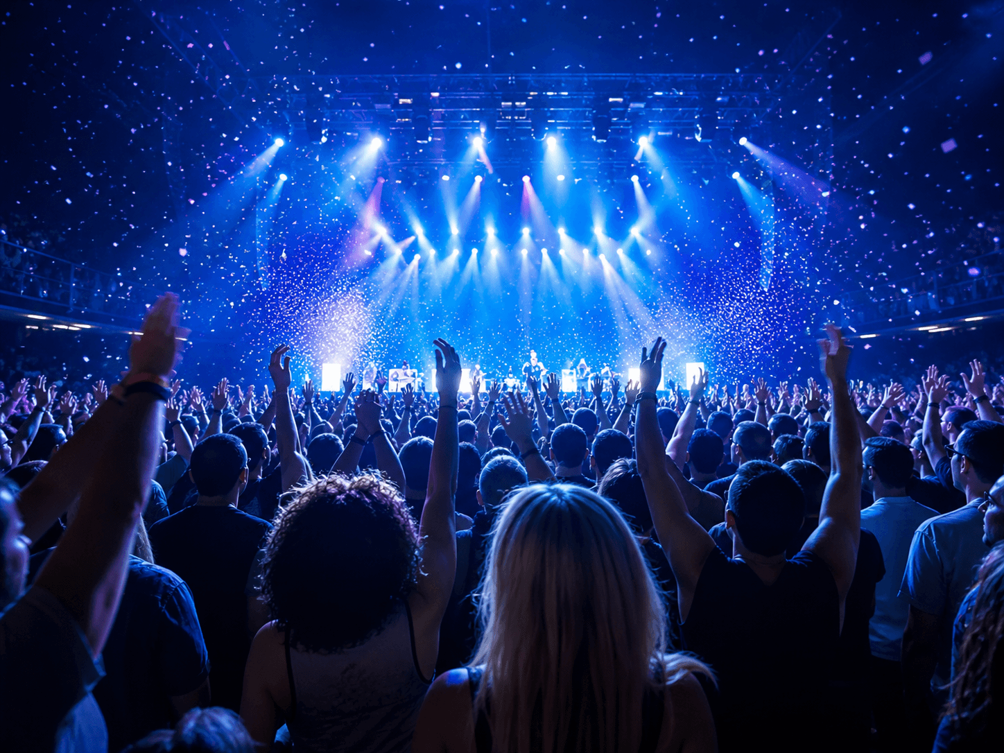 Fans watching a concert under blue stage lights.